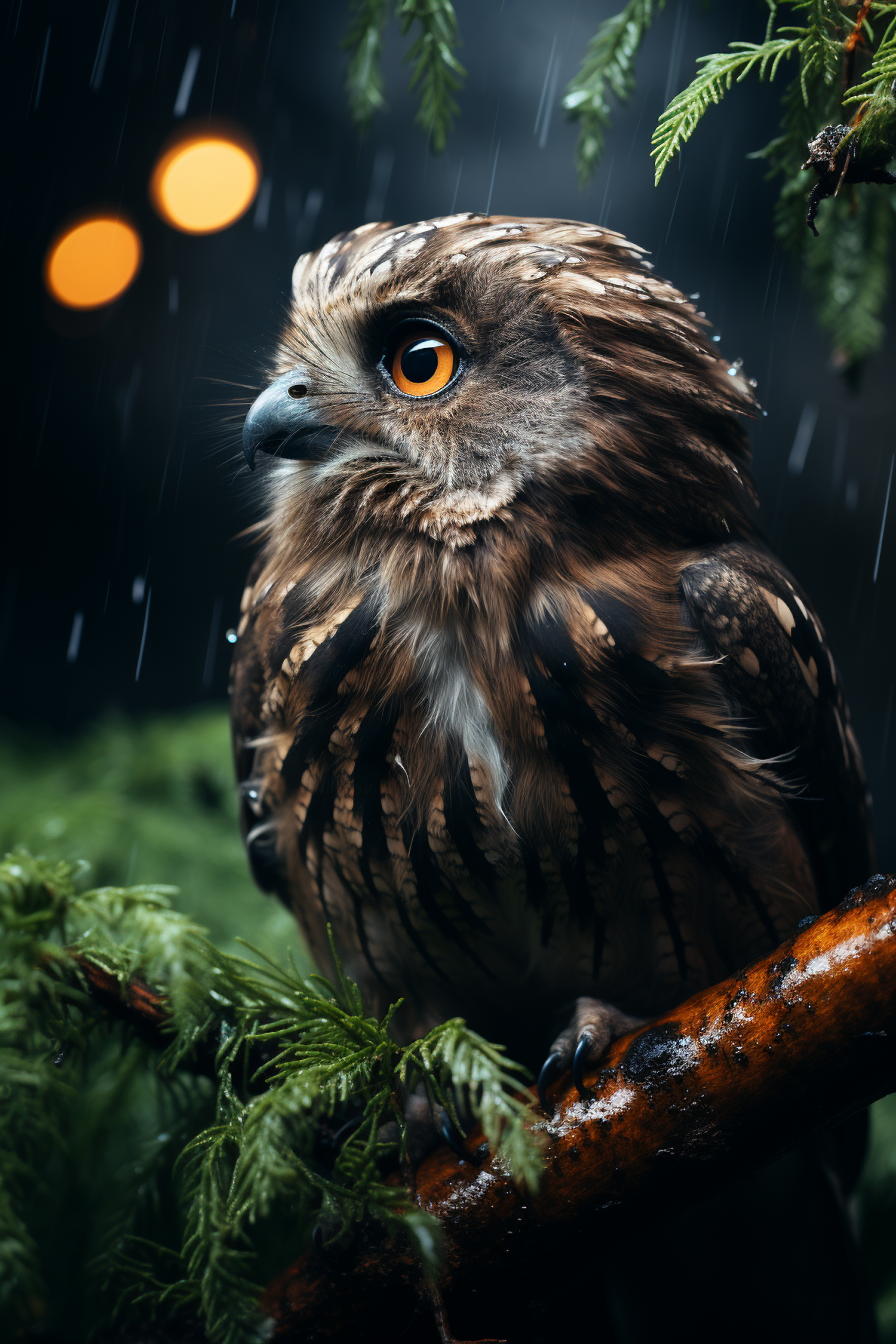 Majestic Rain-Soaked Owl with Striking Orange Eyes