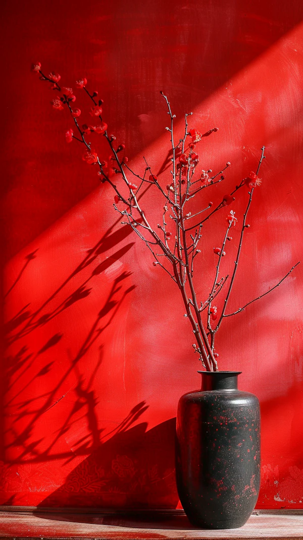 Vivid Red Composition with Black Vase