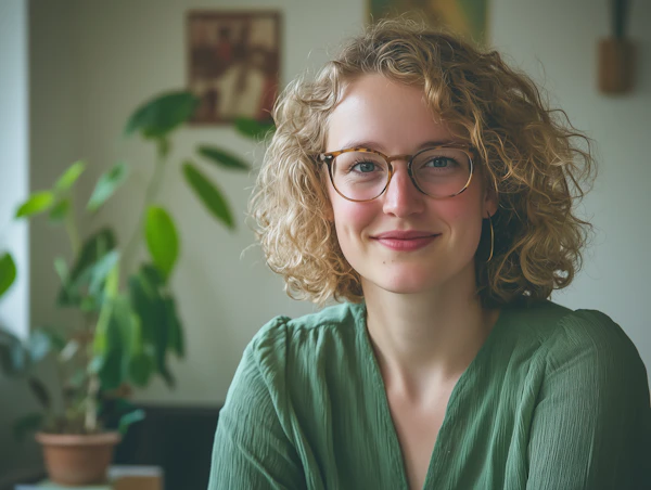 Portrait of a Smiling Person with Curly Blonde Hair