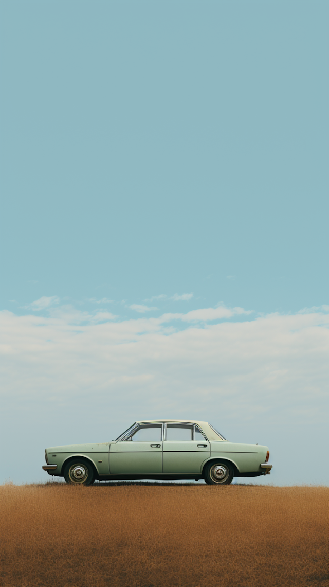 Timeless Serenity: Vintage Pale Green Car in Golden Field