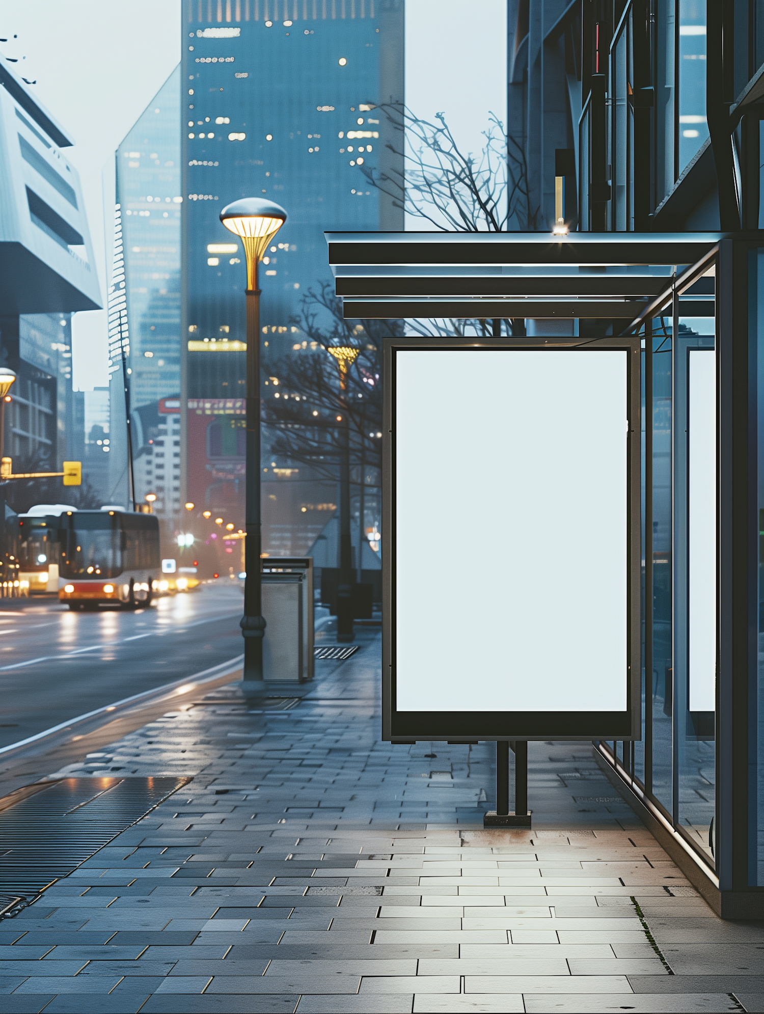 Twilight Urban Scene with Blank Billboard