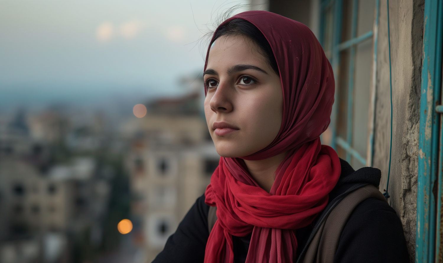 Contemplative Woman in Red Hijab