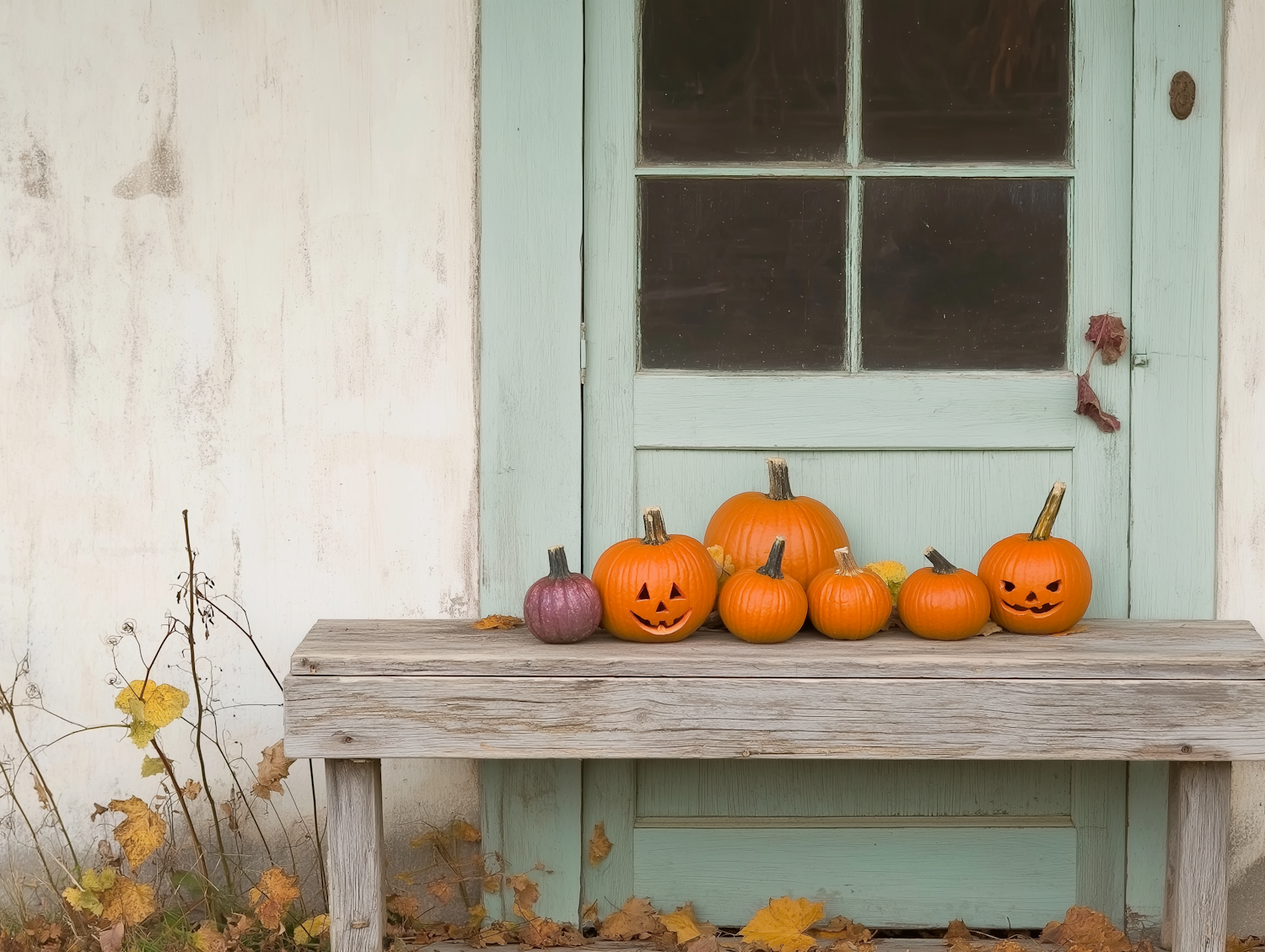 Rustic Bench with Halloween Pumpkins