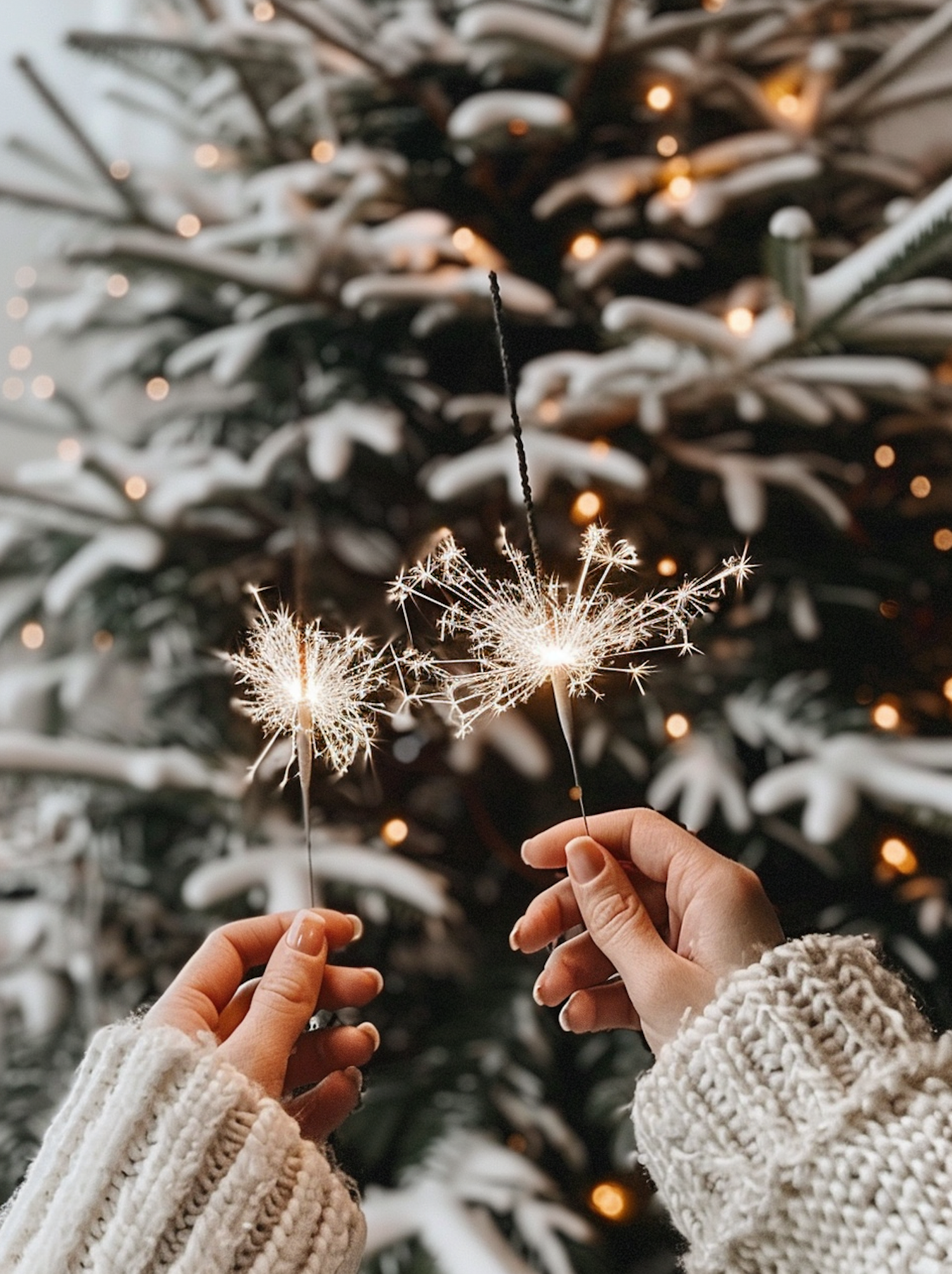 Festive Sparklers in Hands with Christmas Background