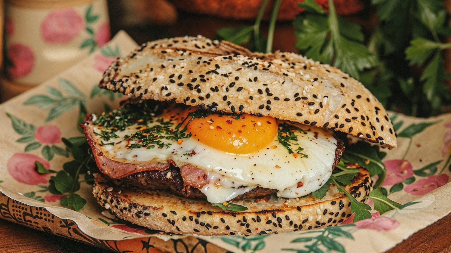 Gourmet Burger on Floral Plate