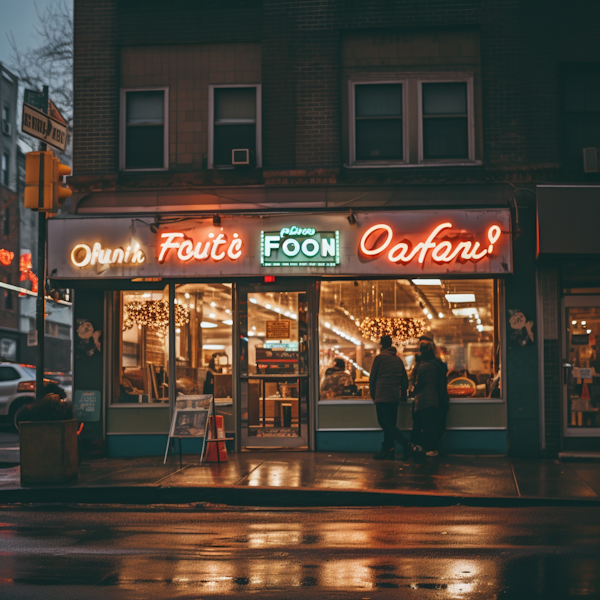 Neon Companionship on Rainy Urban Night