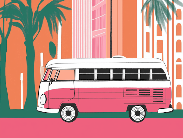 Vintage Van in Tropical Cityscape Illustration