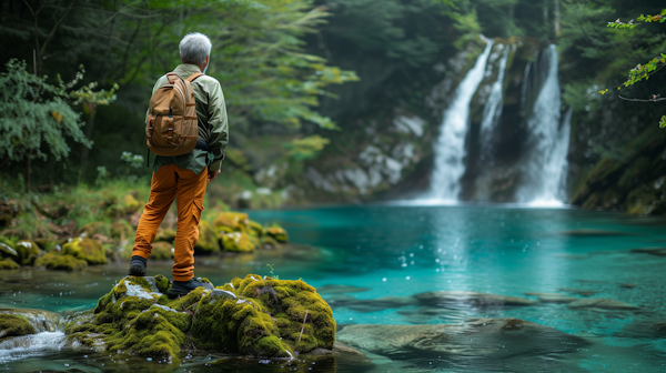 Elderly Male Hiker at Waterfall