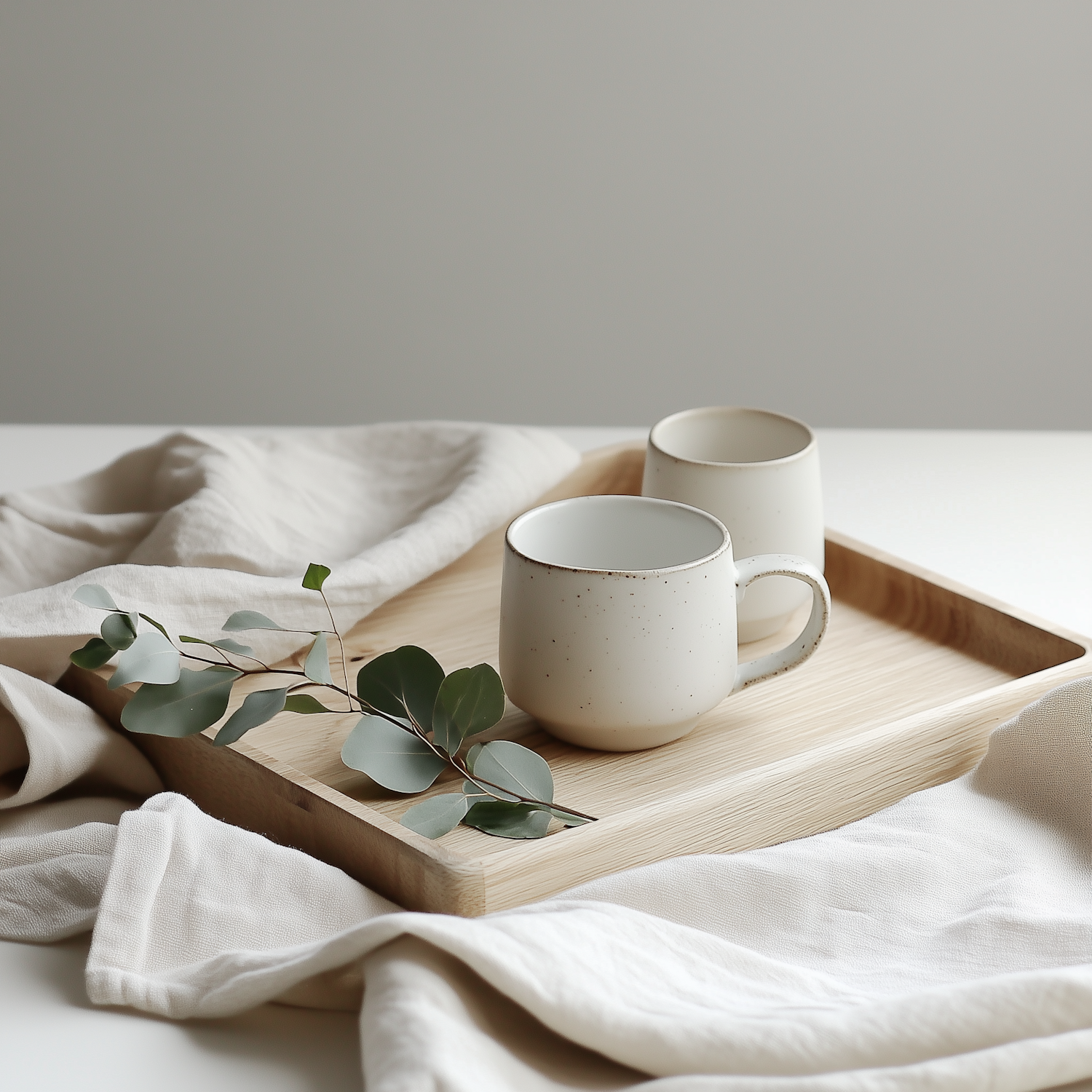 Minimalist Ceramic Mugs with Eucalyptus