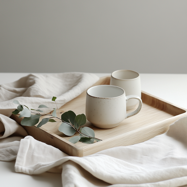 Minimalist Ceramic Mugs with Eucalyptus