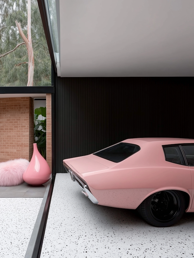 Vintage Pink Car in Modern Setting