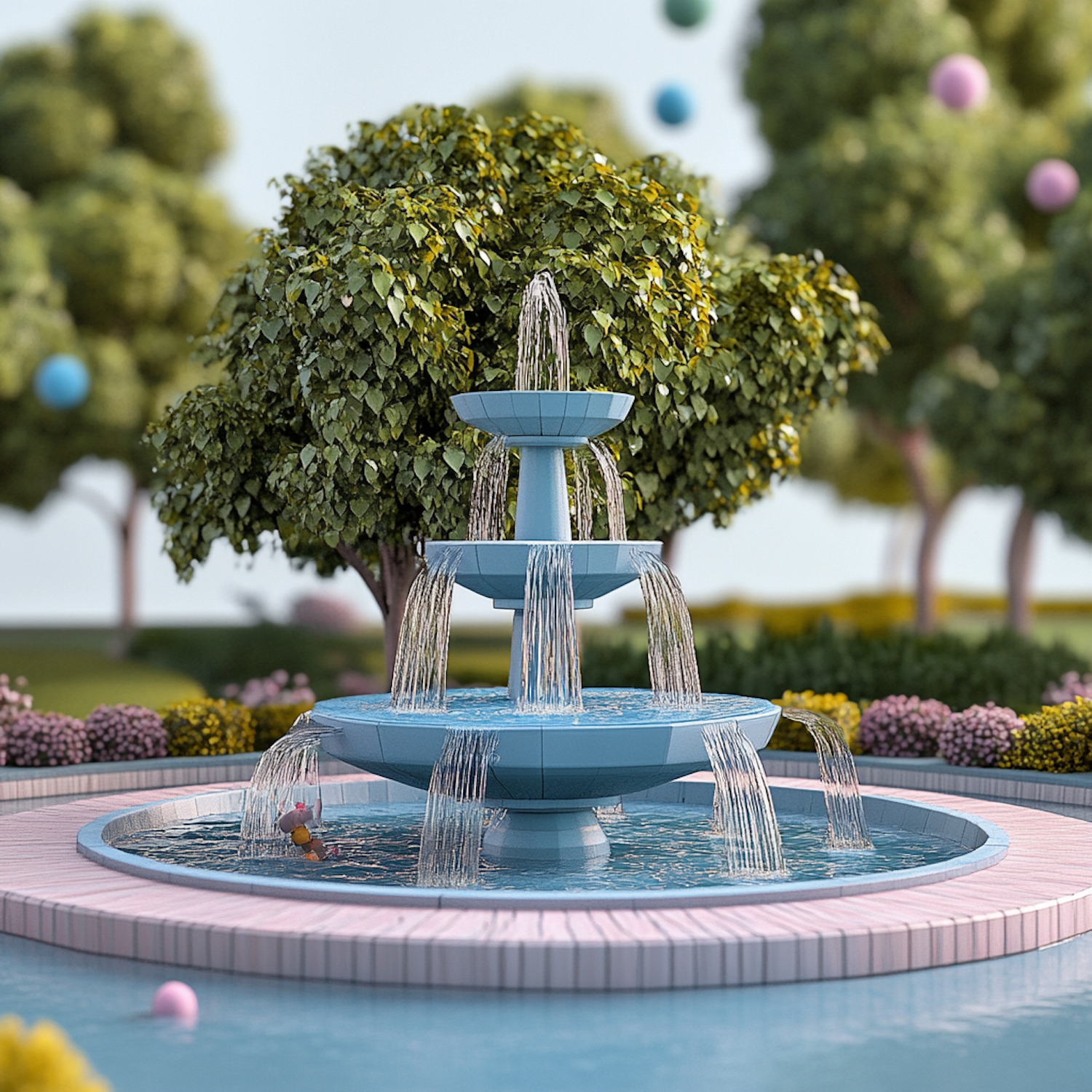 Serene Garden with Blue Fountain