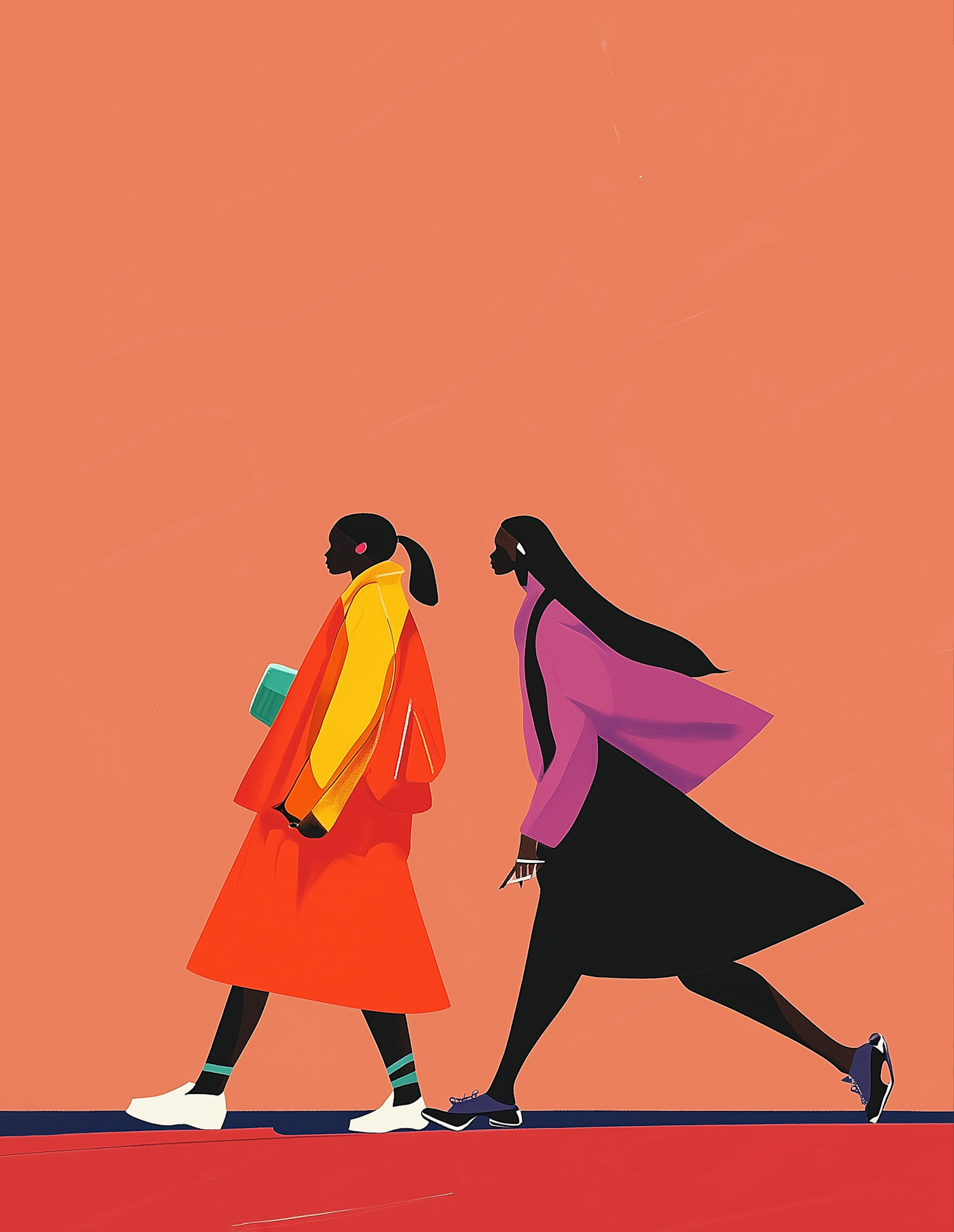 Stylized Figures in Colorful Outfits Against Coral Background