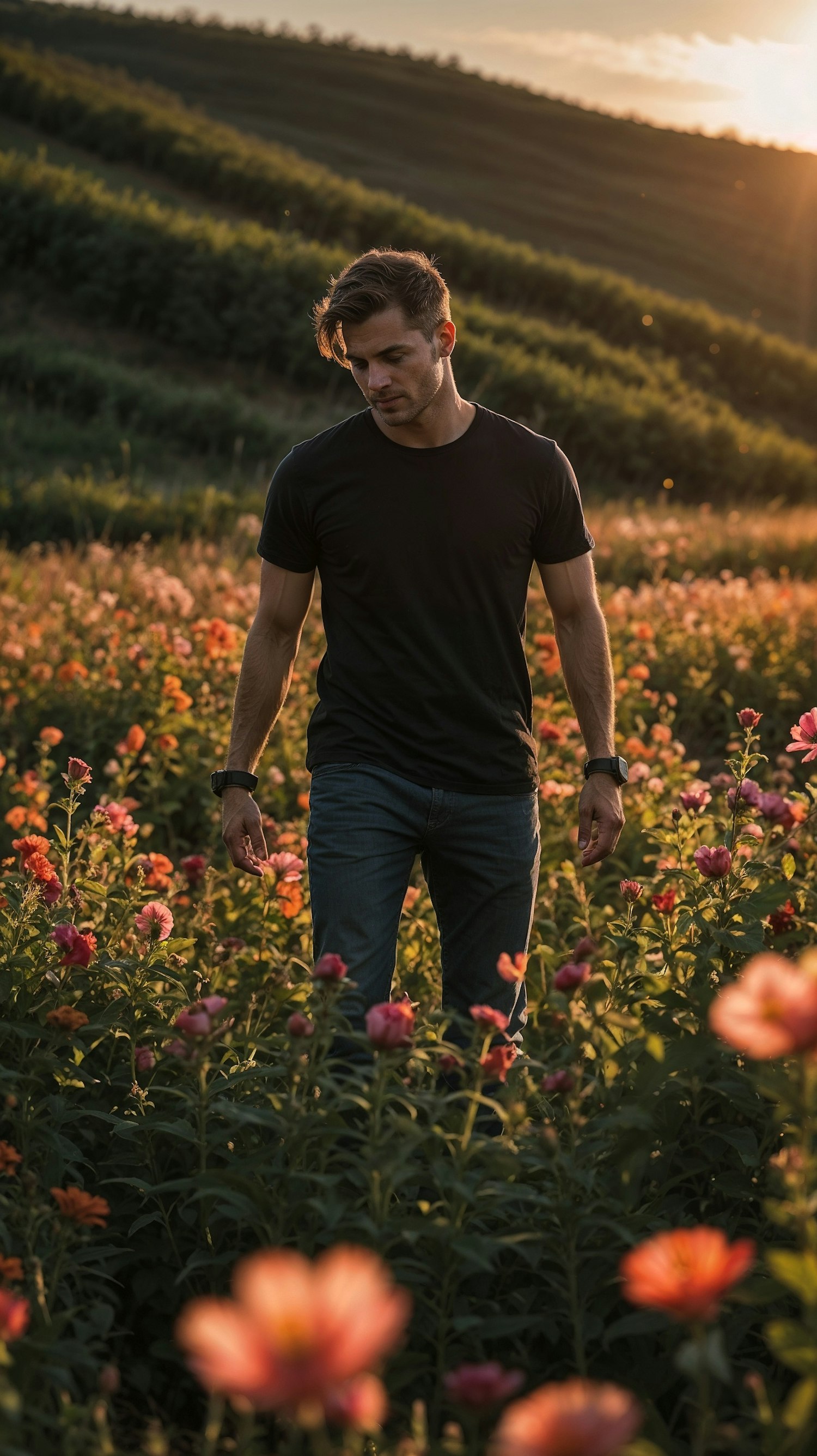 Man Walking Through Flower Field at Sunset