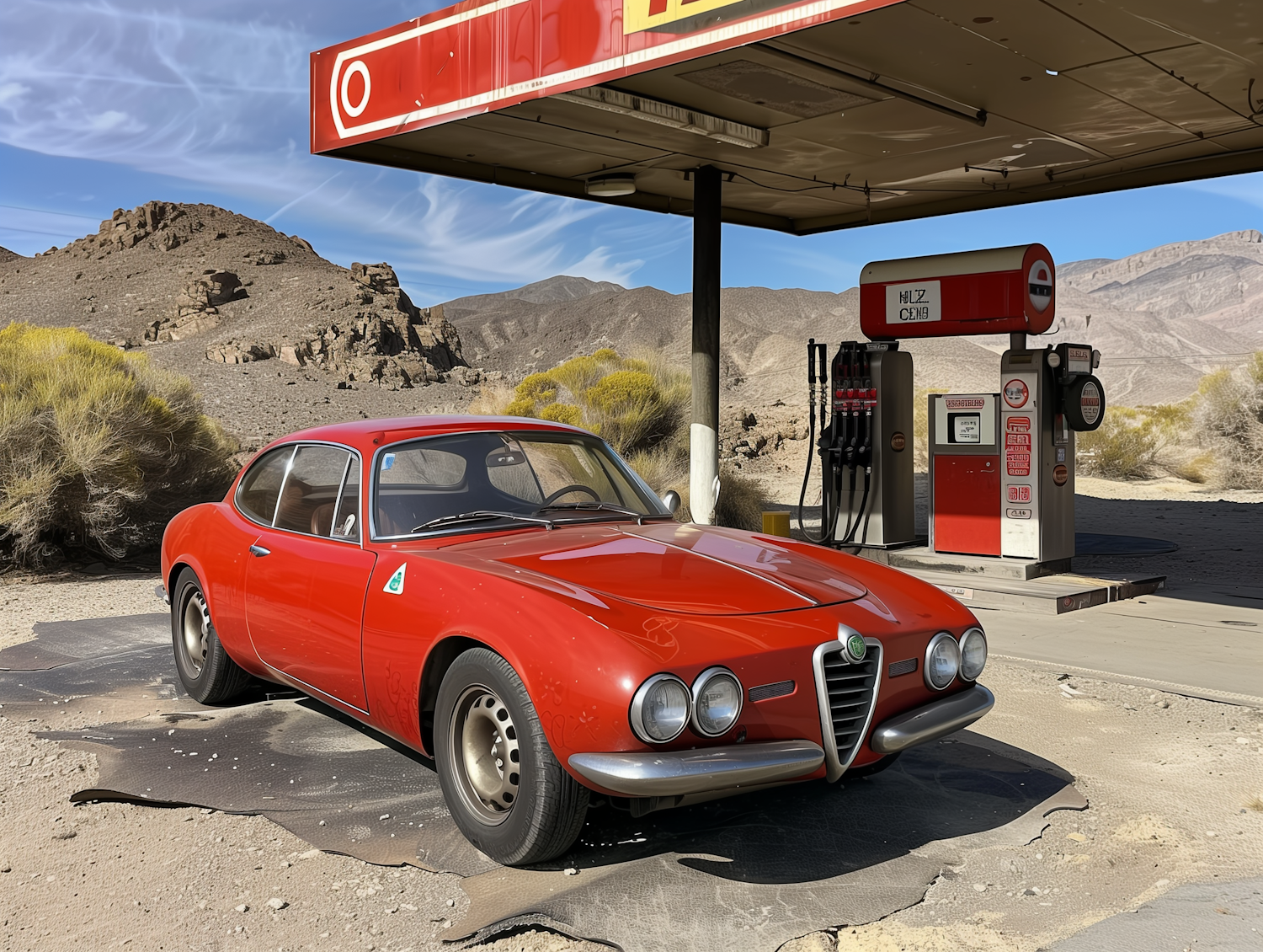 Vintage Red Sports Car at Deserted Gas Station