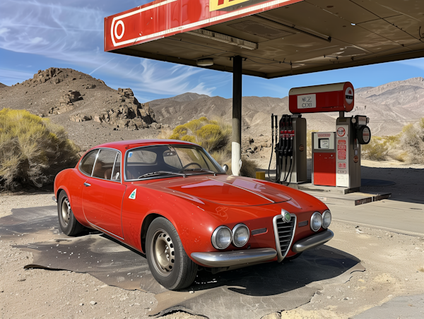 Vintage Red Sports Car at Deserted Gas Station