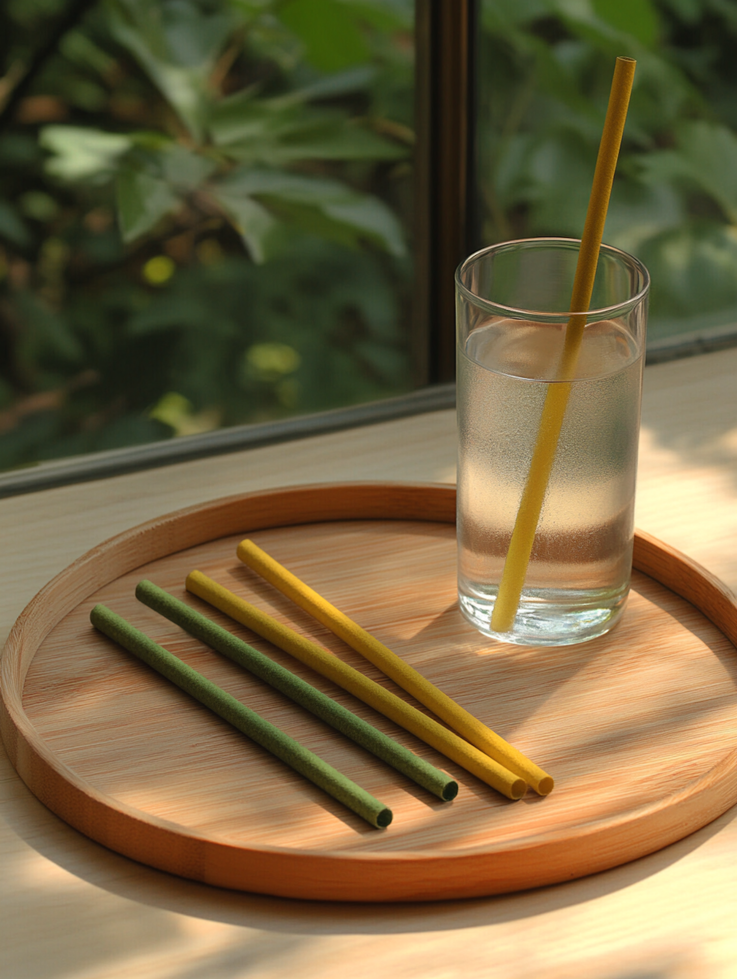 Colorful Straws on Wooden Tray