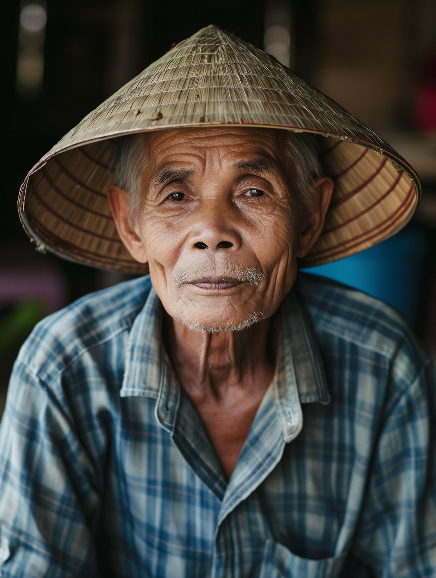 Elderly Asian Man in Traditional Hat