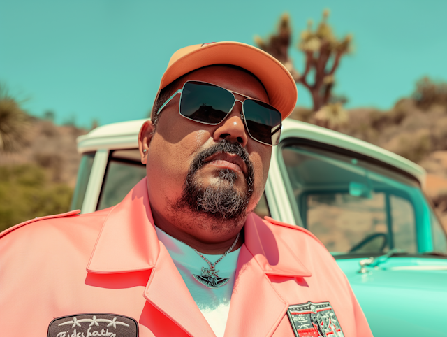 Stylish Man with Vintage Car in Desert