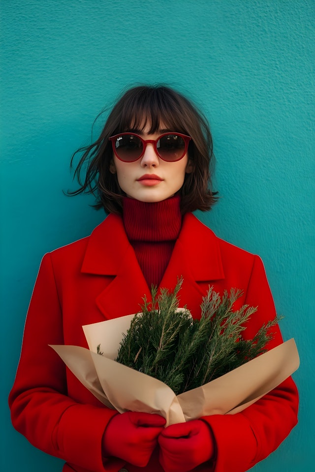 Woman in Red Coat with Greenery