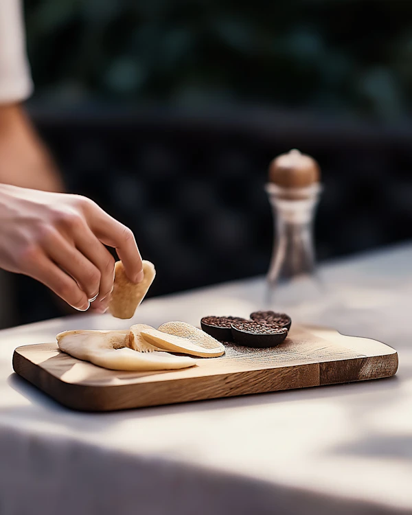 Hand Reaching for Mushroom Slice