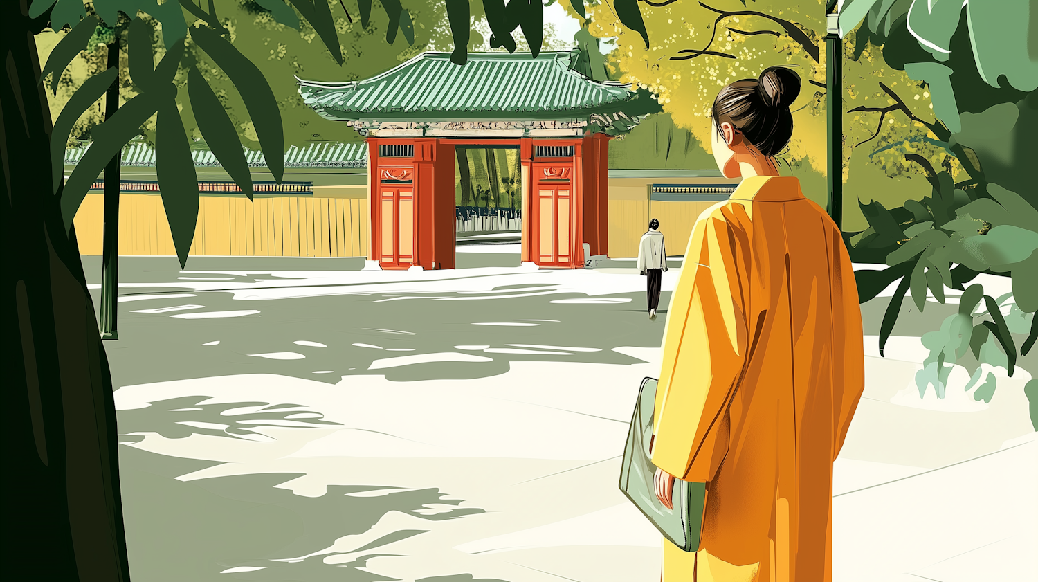 Serene Asian Garden with Elegantly Dressed Woman