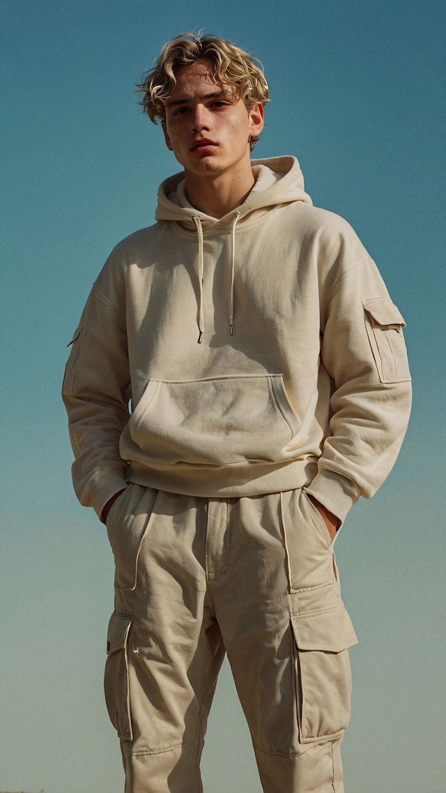 Young Man in Beige Hoodie