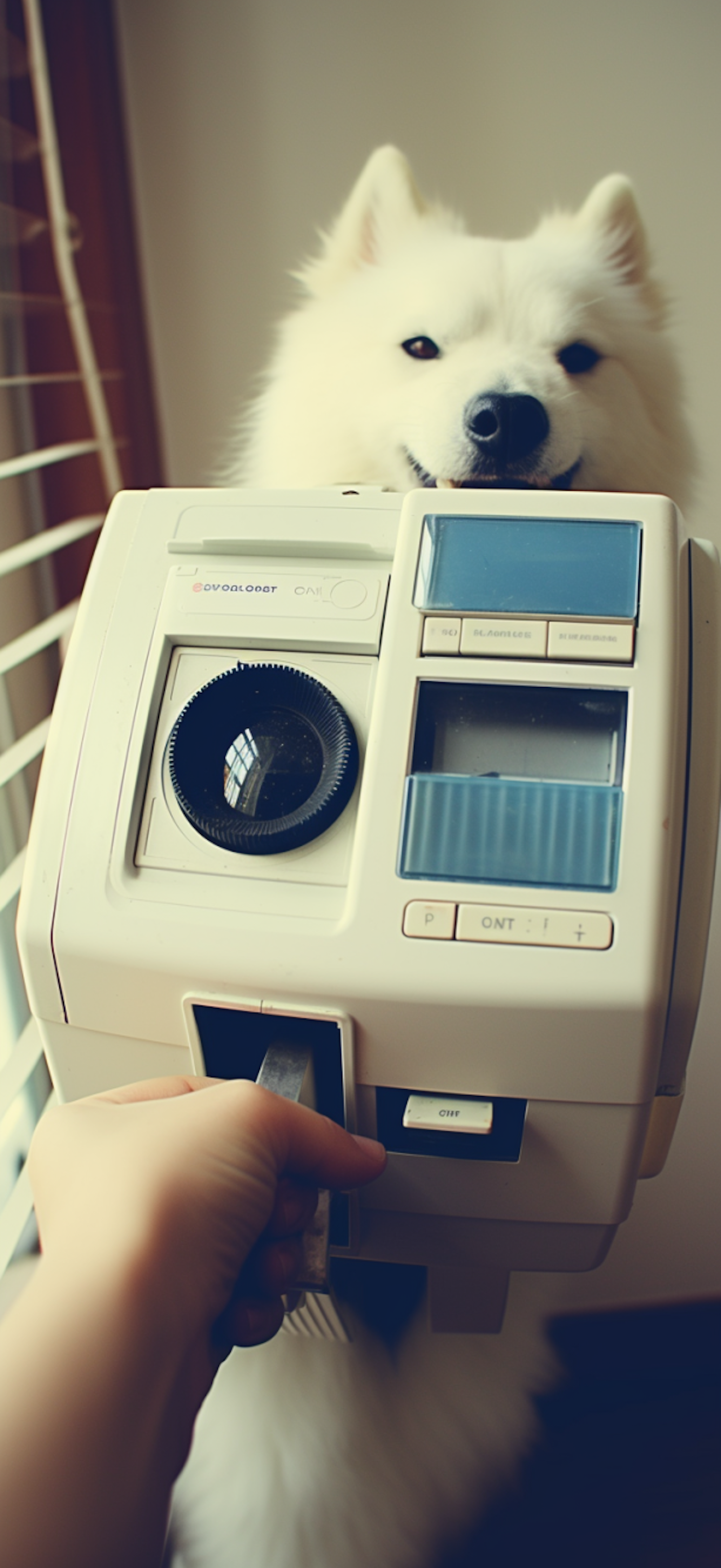 Curious Companion Behind Vintage Polaroid