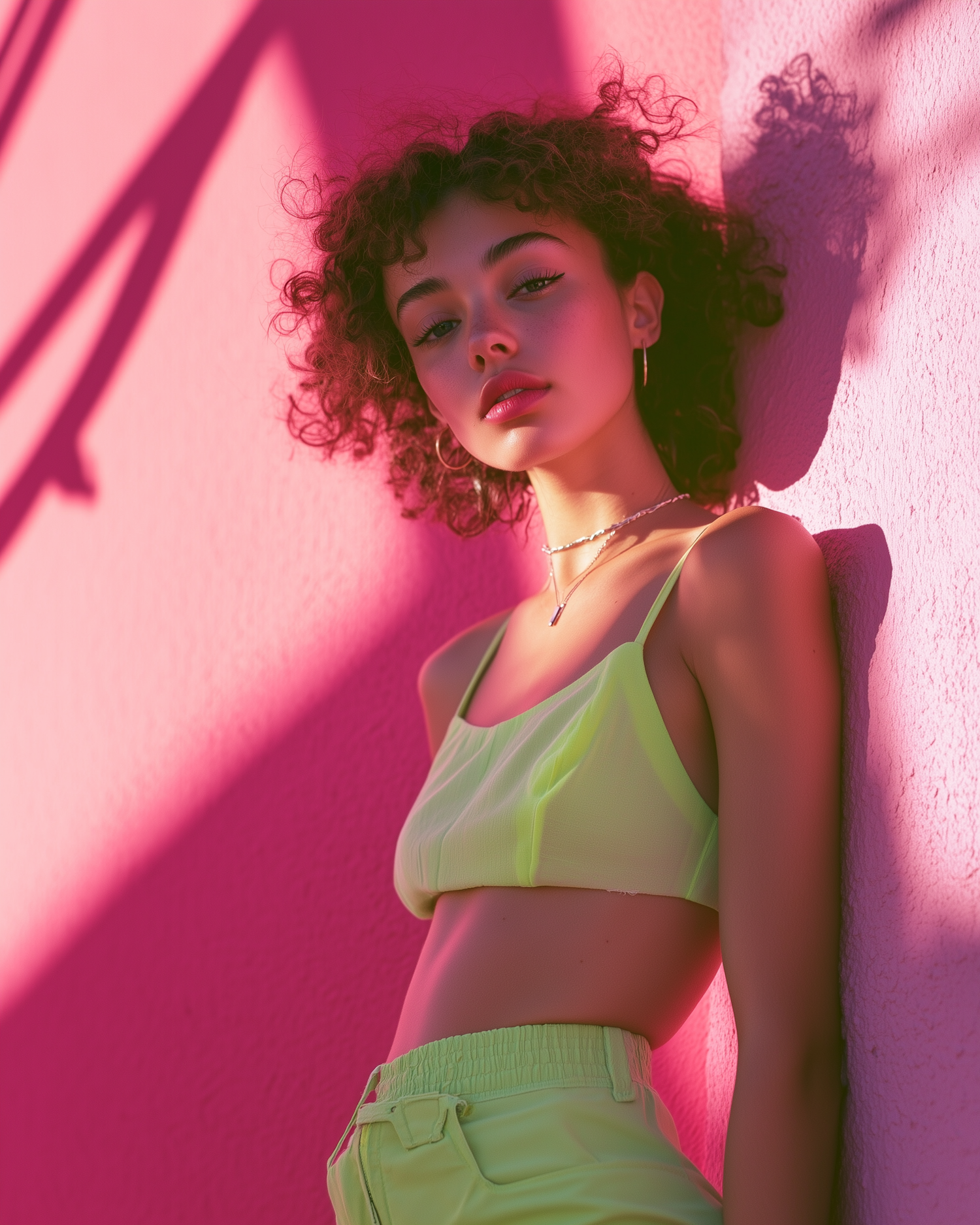 Woman in Neon Green Outfit Against Pink Wall