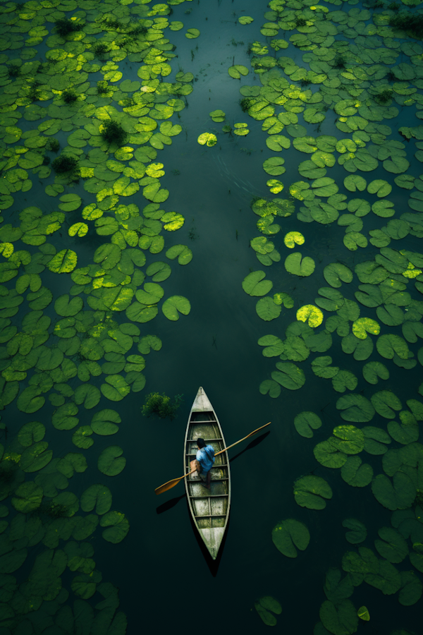 Solitary Paddler Amidst the Lily Pads