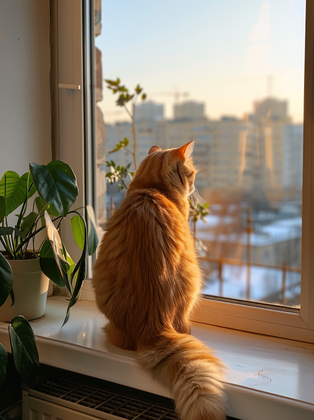 Contemplative Tabby Cat on a Windowsill at Sunset