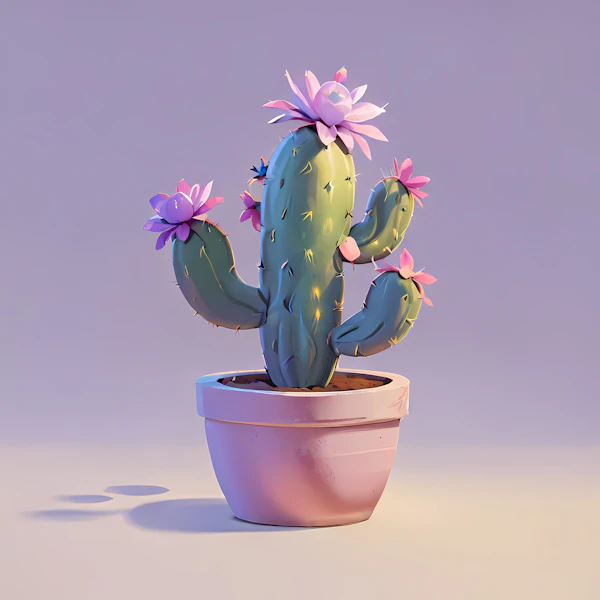 Stylized Cactus with Pink Flowers