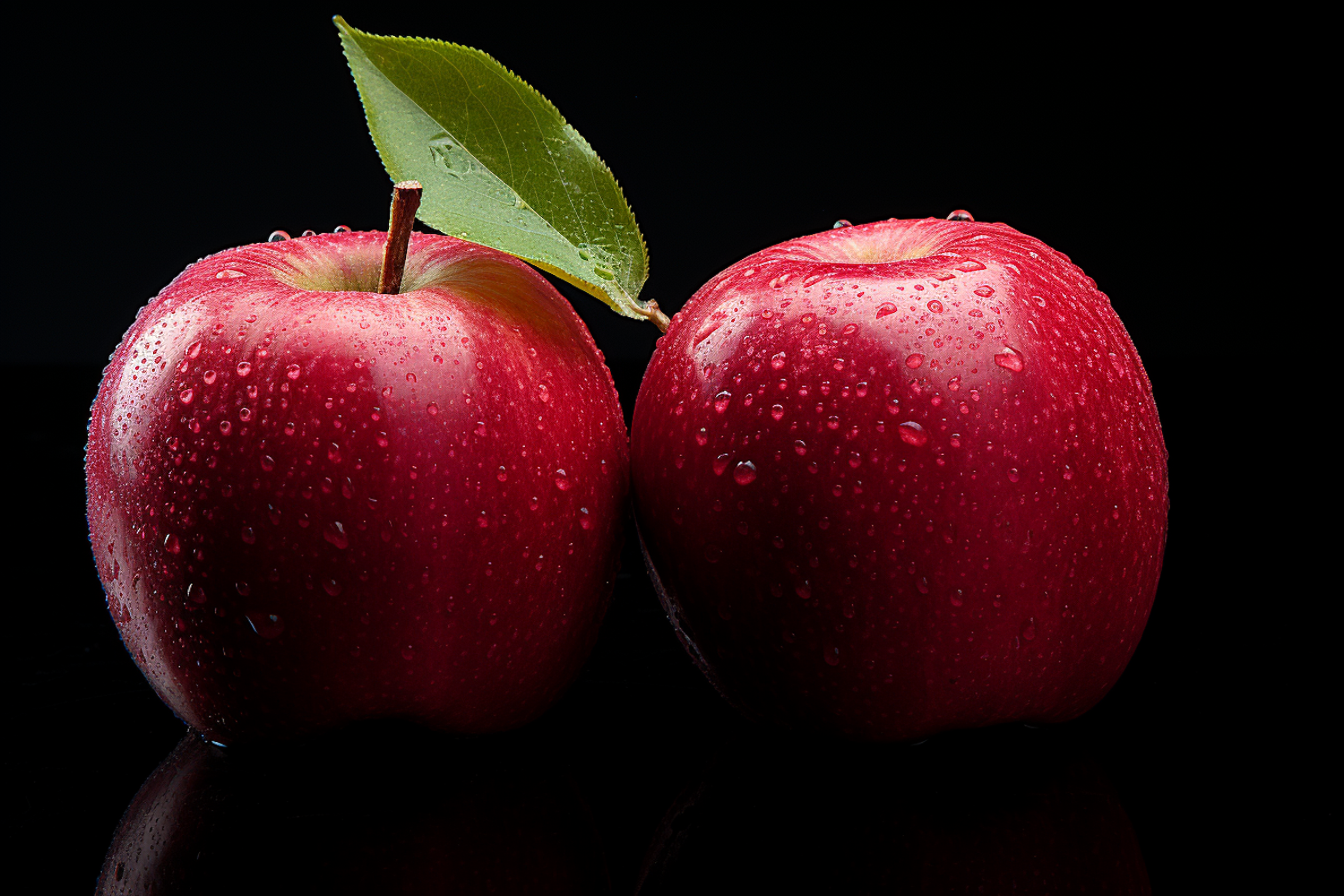 Fresh Dew-Kissed Apples on Dark Reflective Surface