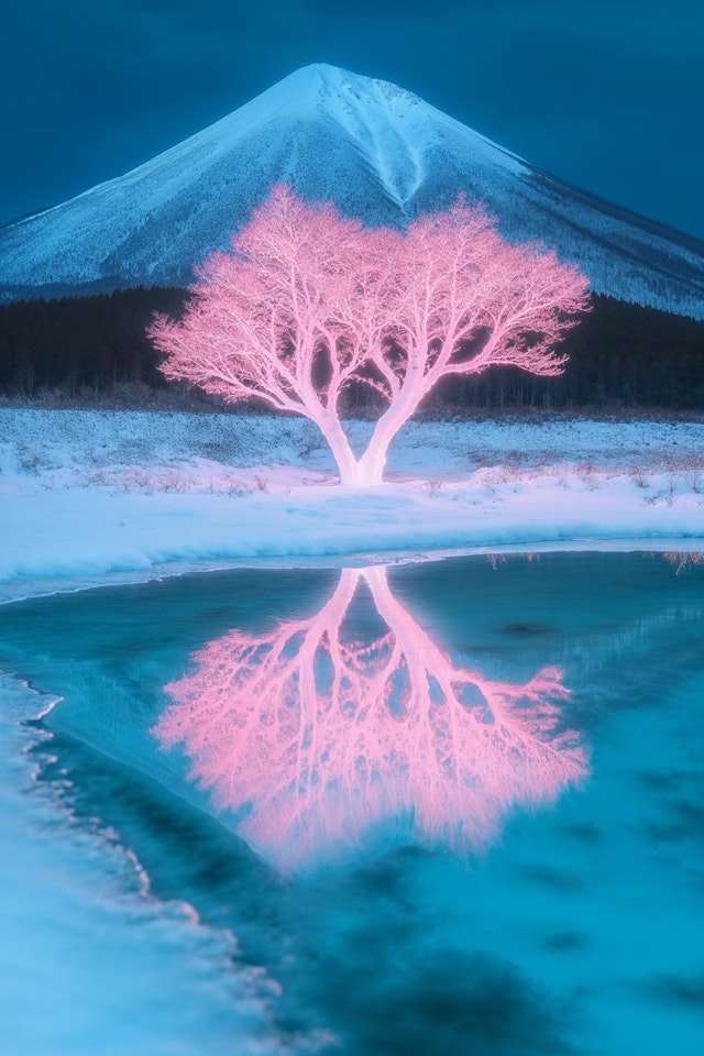 Pink Tree in Snowy Landscape