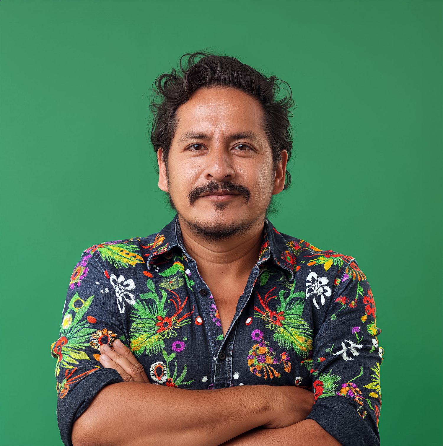 Man with Floral Shirt Against Green Background