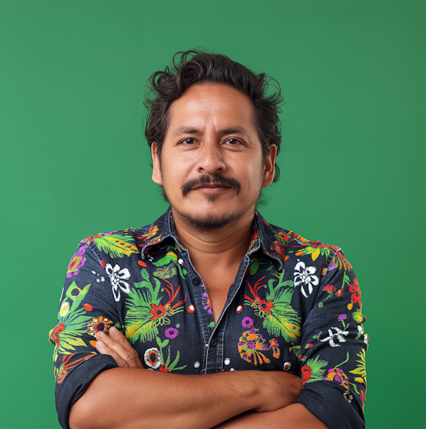 Man with Floral Shirt Against Green Background