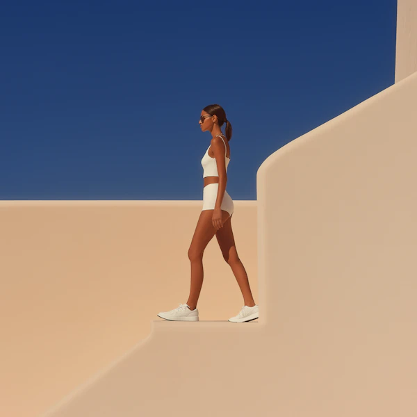 Woman Walking Along Minimalist Architecture