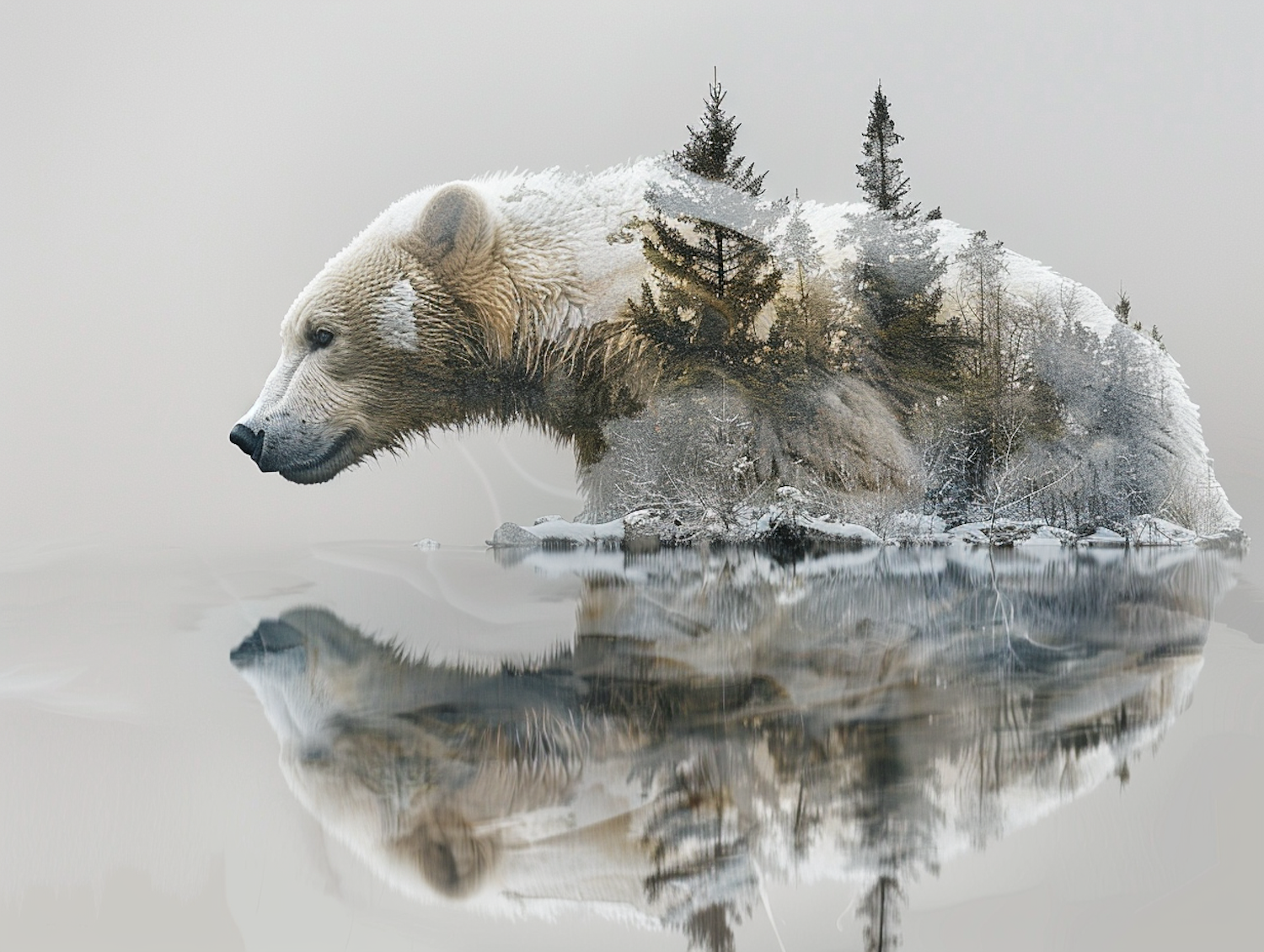 Polar Bear and Winter Landscape Double Exposure