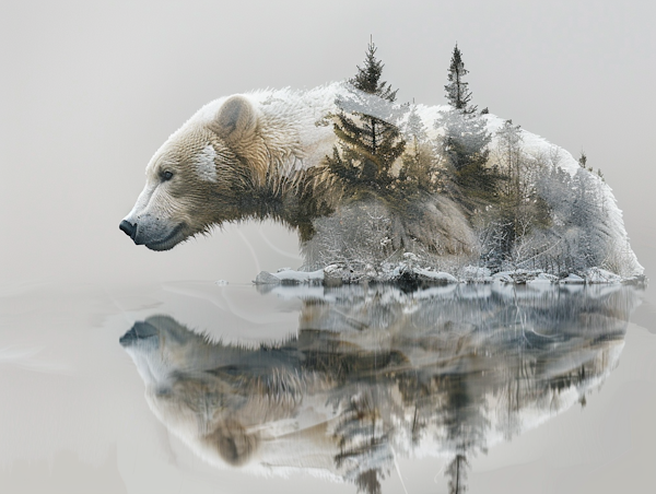 Polar Bear and Winter Landscape Double Exposure