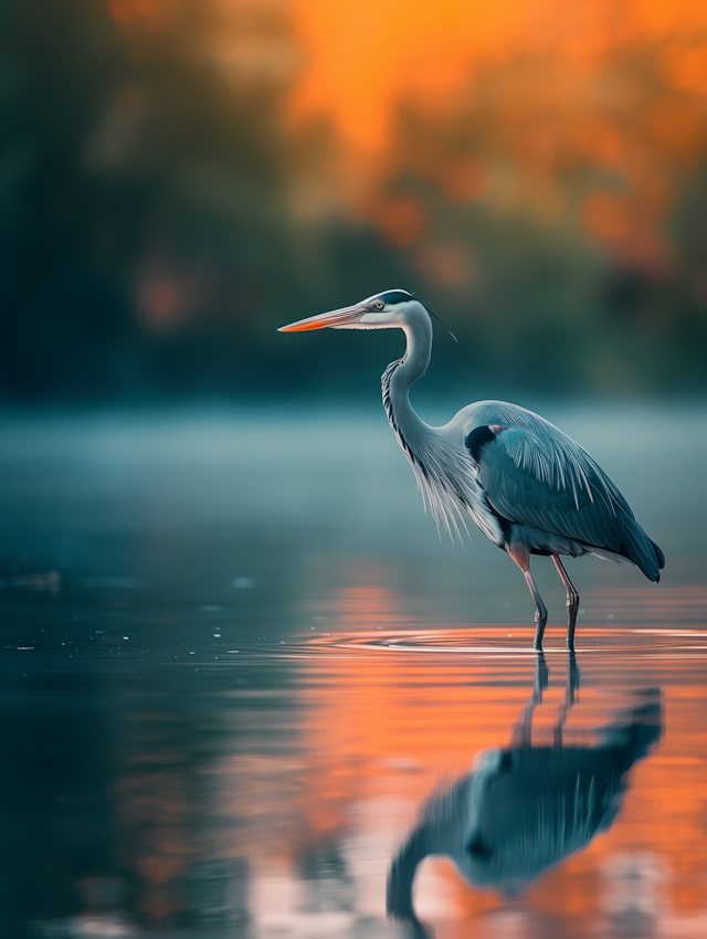 Serene Great Blue Heron at Sunset