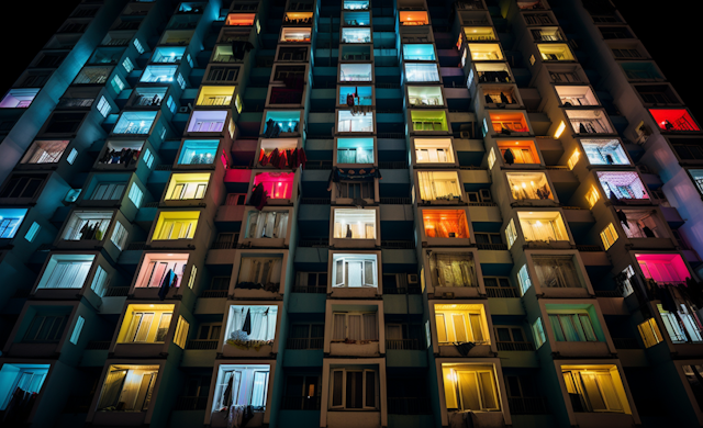 Luminous Mosaic: A Night at the Colorful Balconies