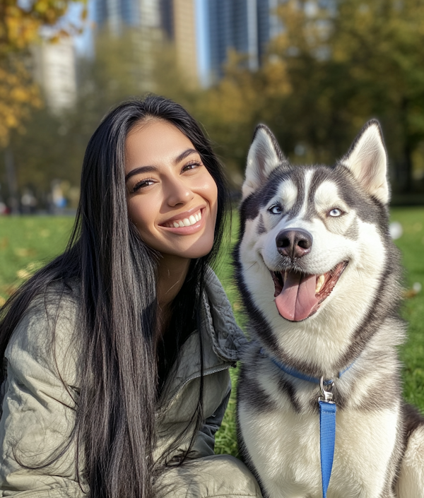 Woman and Husky Sharing a Joyful Moment