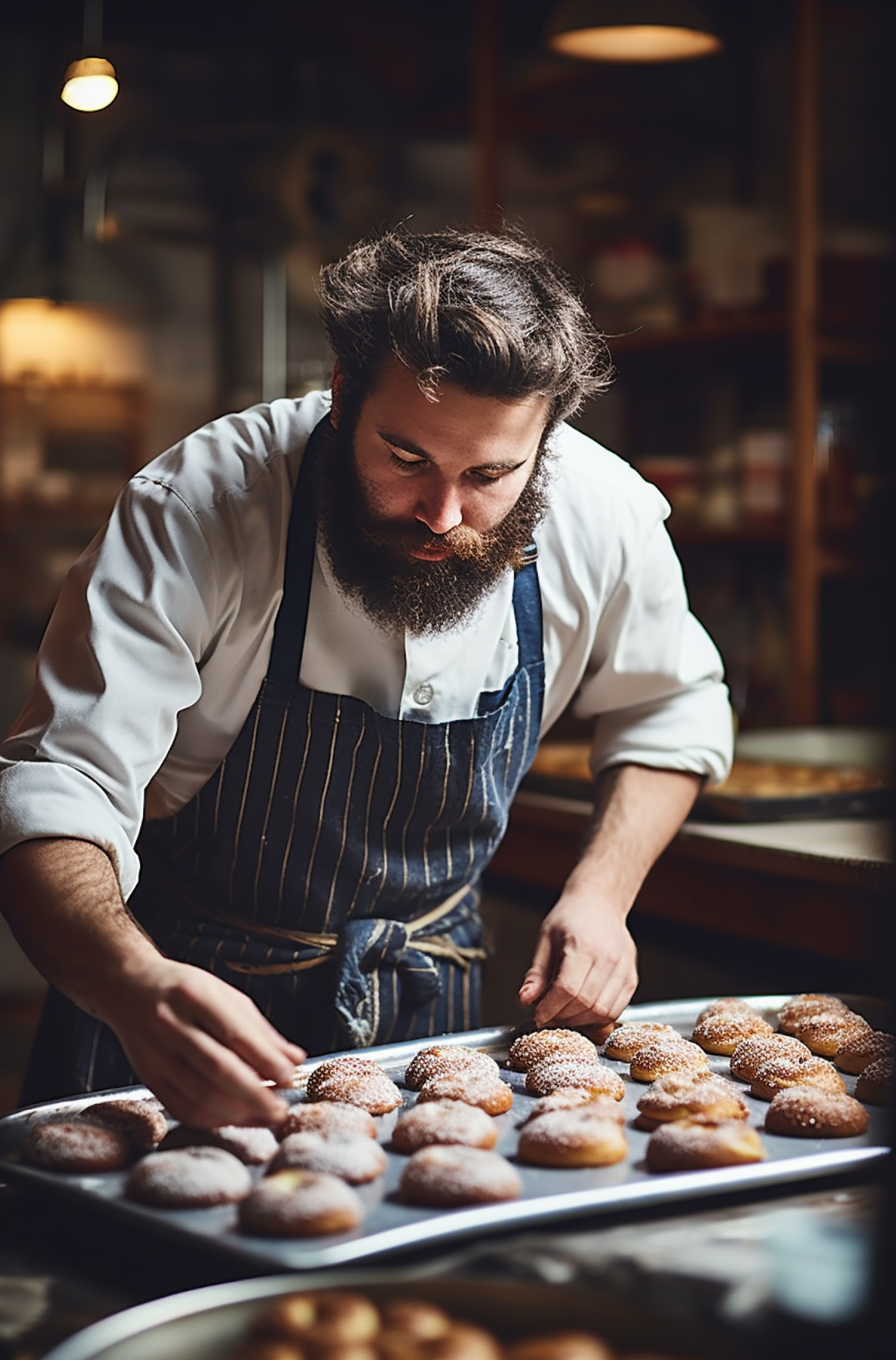 Concentrated Bearded Baker with Fresh Pastries