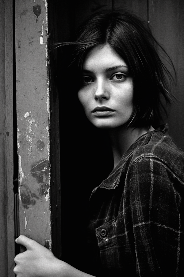 Contemplative Woman Peeking from Door