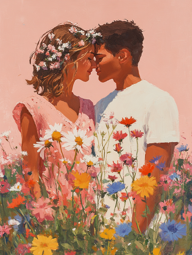 Romantic Scene in Flower Field