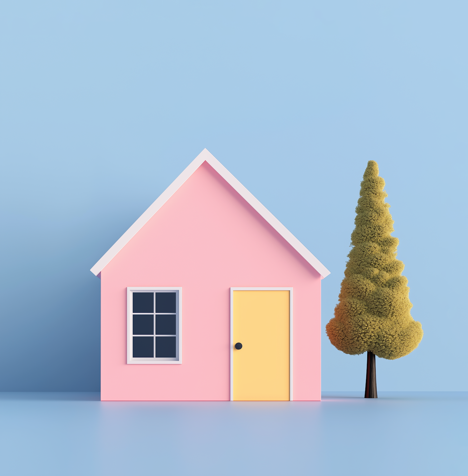 Minimalist Pink House and Conifer Tree Illustration