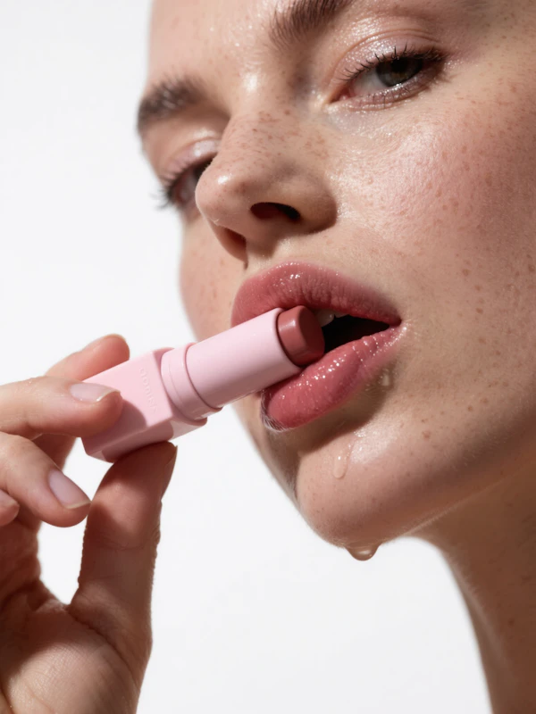 Applying Pink Lipstick