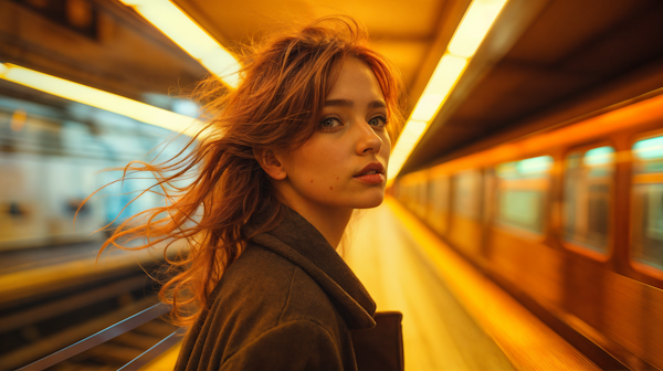 Contemplative Woman in Subway Station