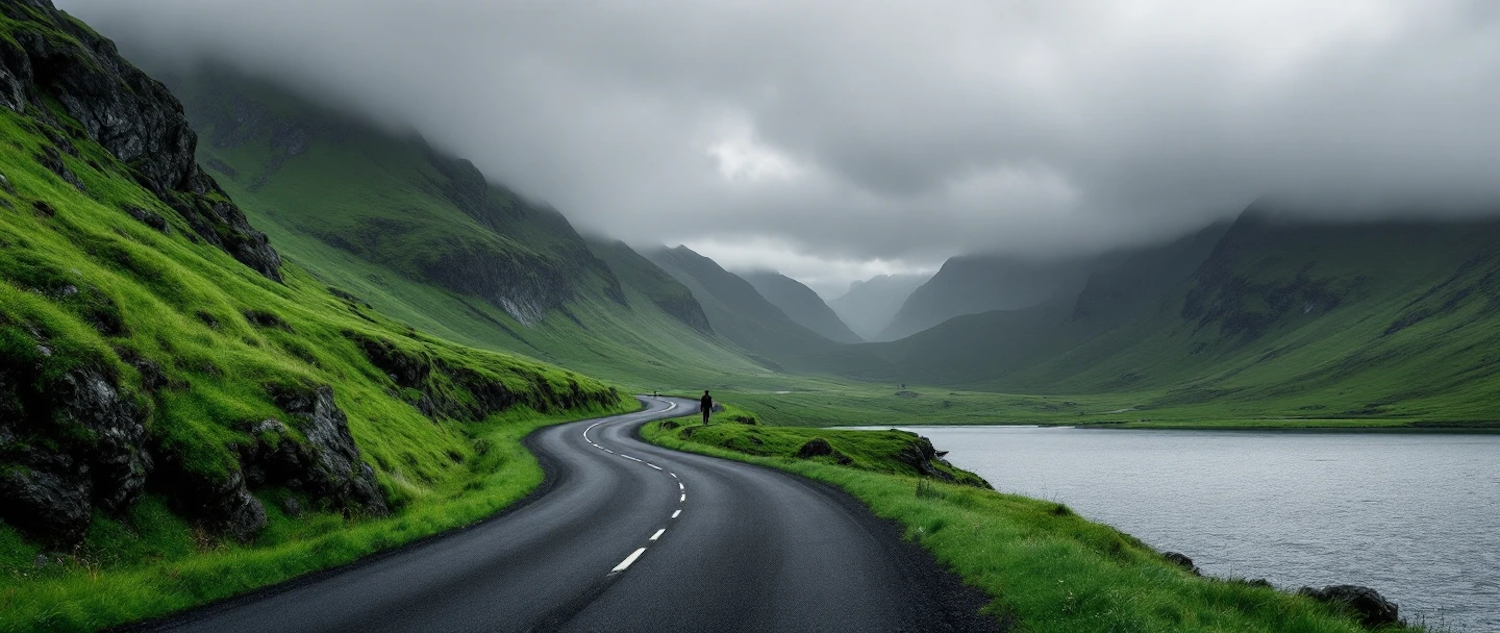 Misty Road Through Lush Landscape