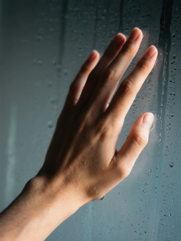 Hand on Rainy Glass